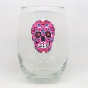 🩷💀 Pink Day of the Dead Scull Heavy Stemless Wine Glass 🍷 15.5oz NWT 💀🩷